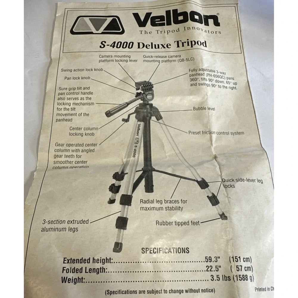 Velbon S-4000 Deluxe Tripod w/1/4